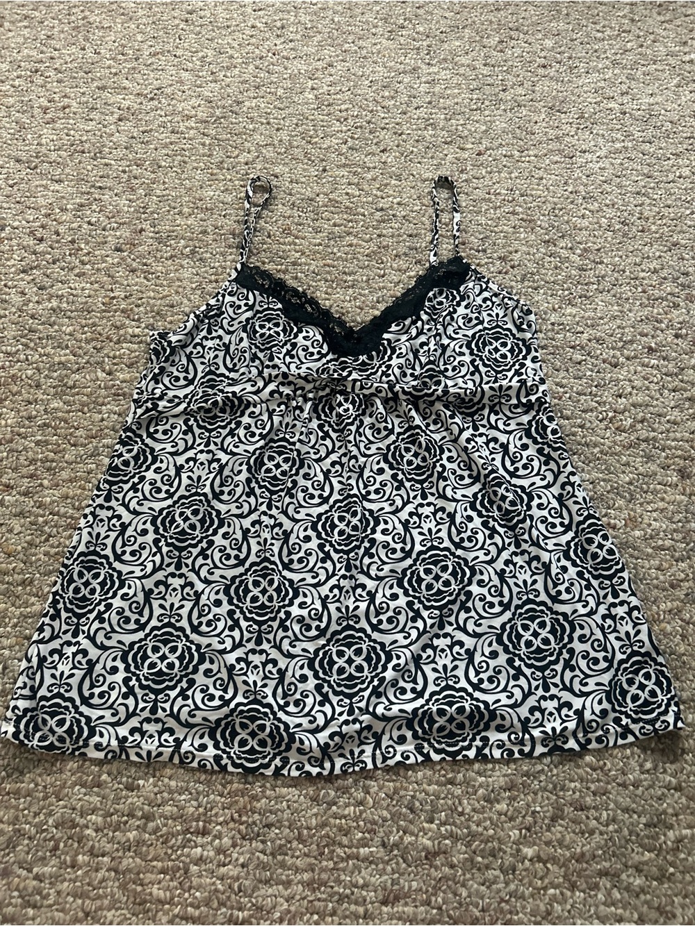Vintage Black and White Damask Lace Trim Cami Tank Top